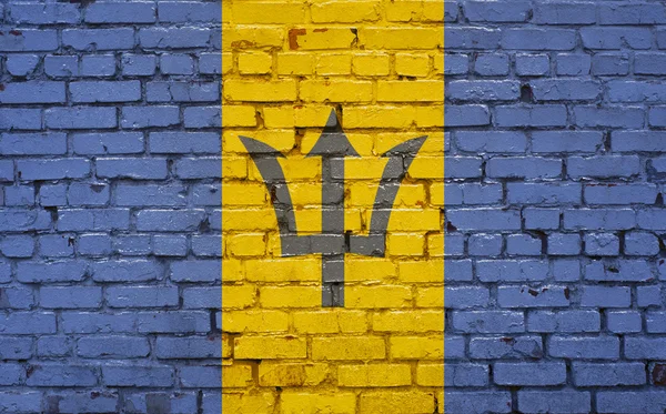 Bandera de Barbados pintada sobre pared de ladrillo, textura de fondo —  Fotos de Stock