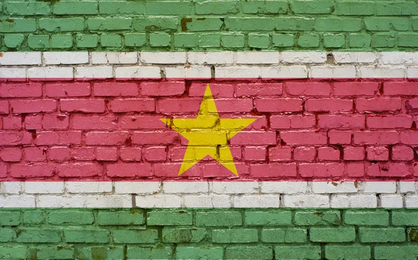 Vlag van Suriname geschilderd op bakstenen muur, achtergrondstructuur — Stockfoto