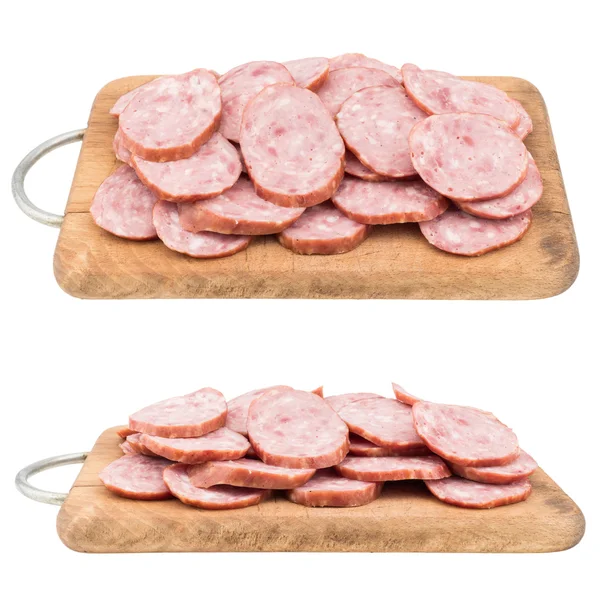 Sliced salami sausage on a cutting board. Isolated on white back — Stock Photo, Image