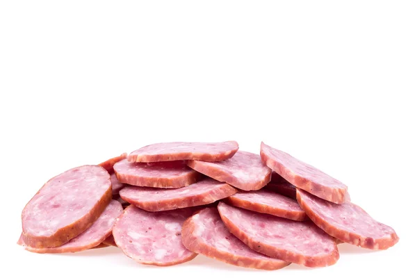 Fette di salumi isolate su fondo bianco. — Foto Stock