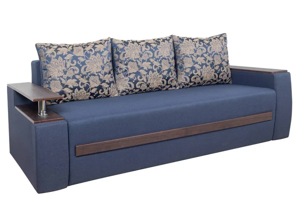 Sofa Isoliert Auf Weißem Hintergrund Inklusive Schnittpfad Blauer Möbelstoff — Stockfoto