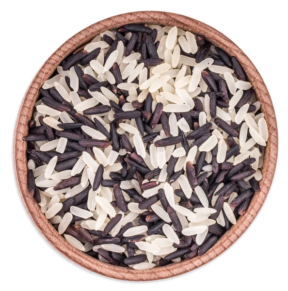 Black and white rice in a wooden bowl isolated on white backgrou — Stock Photo, Image