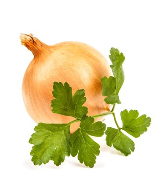 soğan ve maydanoz yaprakları üzerinde izole beyaz arka plan