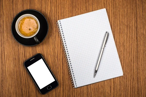 Coffee with blank notebook and phone — Stock Photo, Image