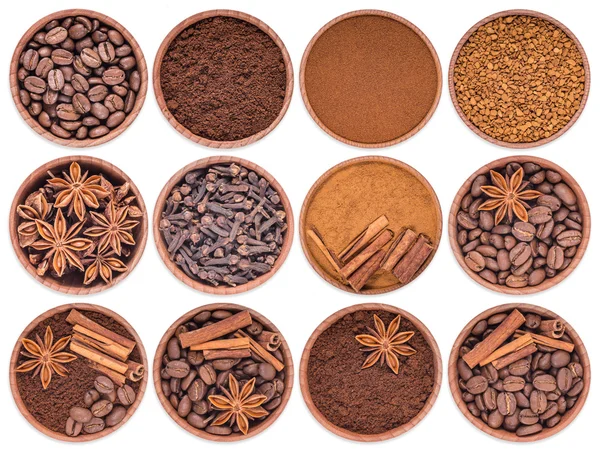 Coffee, cinnamon, star anise, cloves in a wooden posubk on a whi — Stock Photo, Image