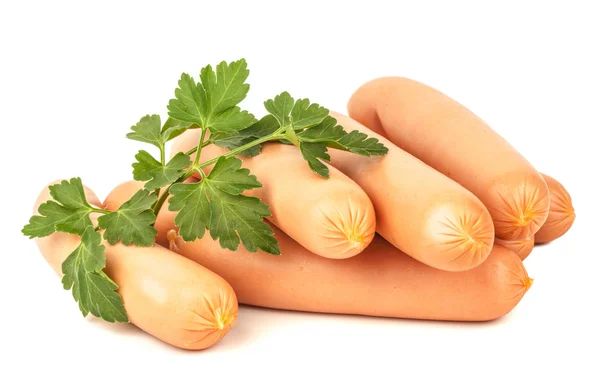 Sausages with parsley leaves closeup on white isolated backgroun Stock Photo