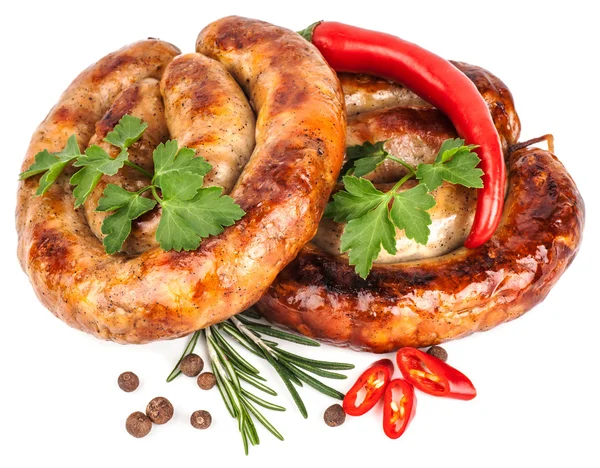 Homemade smoked sausage on white — Stock Photo, Image