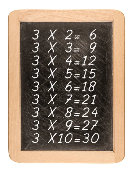 Mesa de multiplicação manuscrita com giz branco no blac da escola — Fotografia de Stock