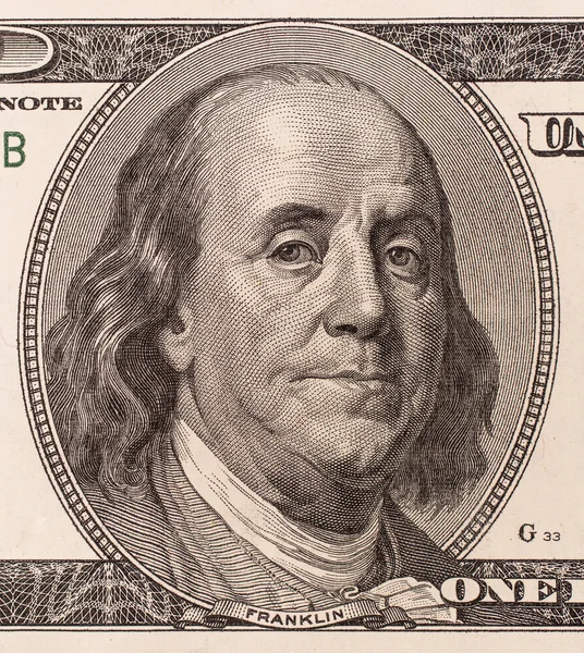 Close-up portrait of Franklin with hundred dollar bills — Stock Photo, Image