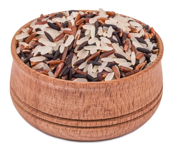 Color mix gourmet rice (brown, red, wild) in wooden bowl — Stock Photo, Image