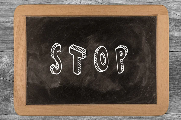 STOP-  chalkboard with 3D outlined text - on wood — Stock Photo, Image