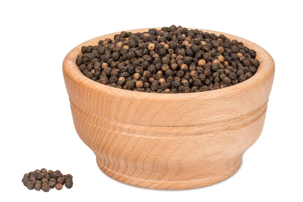 Black pepper in wooden bowl isolated on white background — Stock Photo, Image