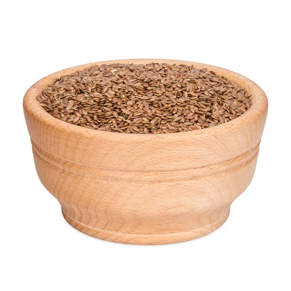 Flax seeds in wooden bowl isolated on white — Stock Photo, Image