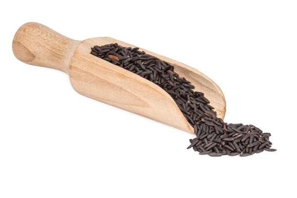 Black rice in wooden scoop isolated on white background — Stock Photo, Image