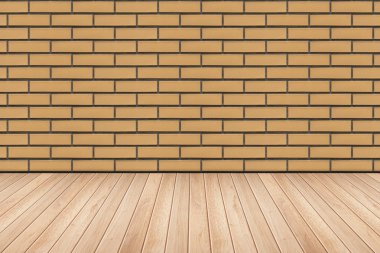 Ahşap masa üstü tuğla duvar ile alay kadar DISP için arka plan boş.