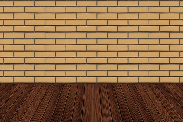Houten tafelblad met bakstenen muur, Mock lege achtergrond voor disp — Stockfoto
