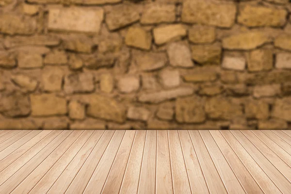 Fondo de pared de piedra con piso de listones de madera — Foto de Stock