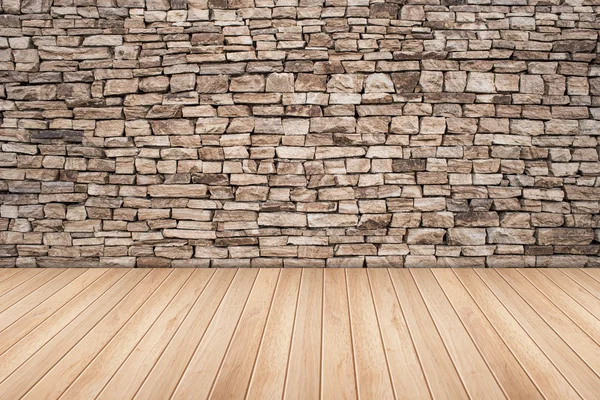 Stone wall background with wooden slats floor — Stock Photo, Image