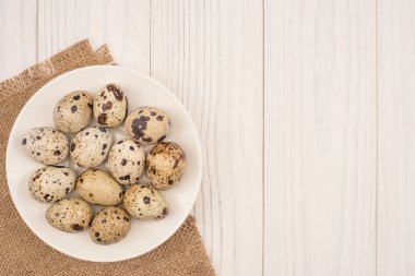 Ahşap arka plan üzerinde beyaz bir tabak içinde taze bıldırcın yumurtası