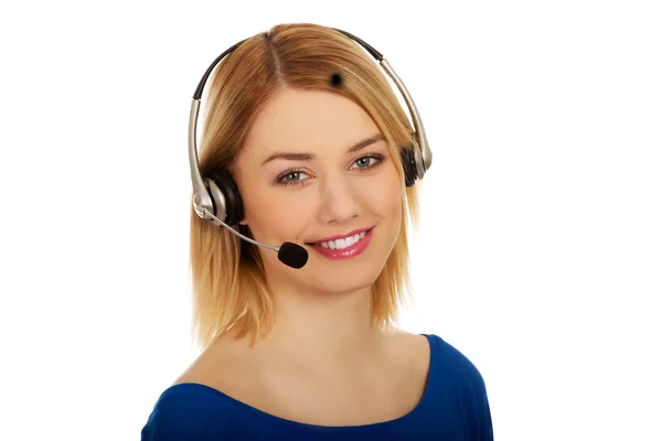 Glada leende telefon operatör i headset. — Stockfoto