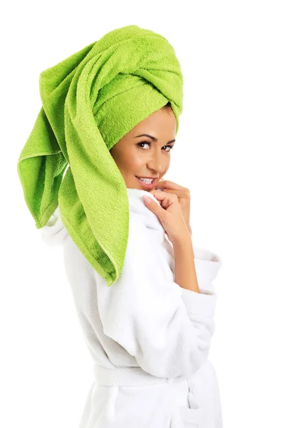 Happy woman in bathrobe — Stock Photo, Image