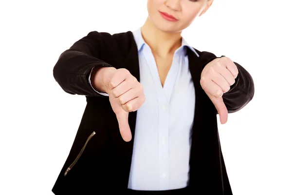 Mujer de negocios infeliz con el pulgar hacia abajo gesto — Foto de Stock