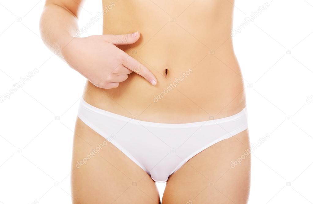 Woman pointing finger for her belly