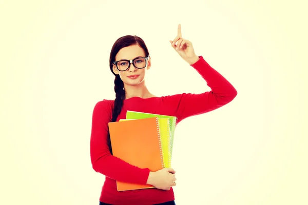 Student woman showing copyspace or something — Stock Photo, Image