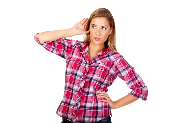 Portrait of woman overhearing a conversation — Stock Photo, Image