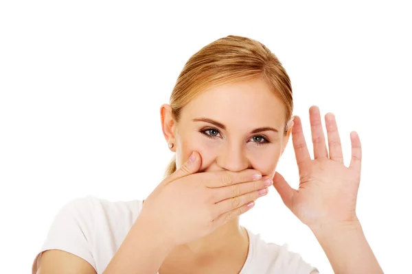 Shocked young woman overhears conversation — Stock Photo, Image