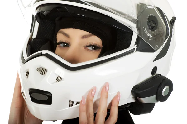 Motosiklet kask ile seksi kadın. Stok Resim