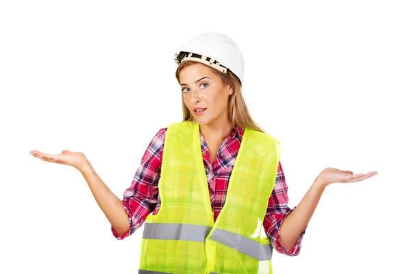 Construtor feminino fazendo não sei sinal — Fotografia de Stock