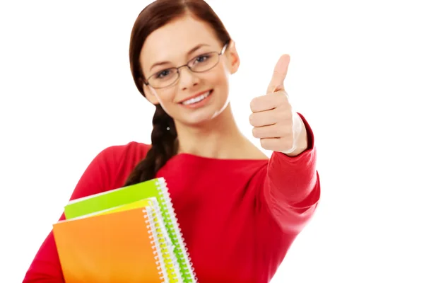 Estudante feliz mulher com polegar para cima — Fotografia de Stock