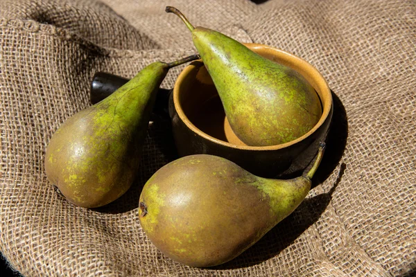 Three pears: one in clay pot two on the jute bag — Stock Photo, Image