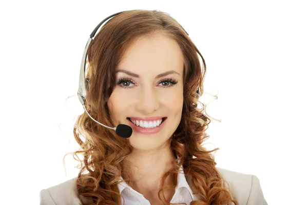 Lachende ondersteuning telefoon operator in hoofdtelefoon. — Stockfoto