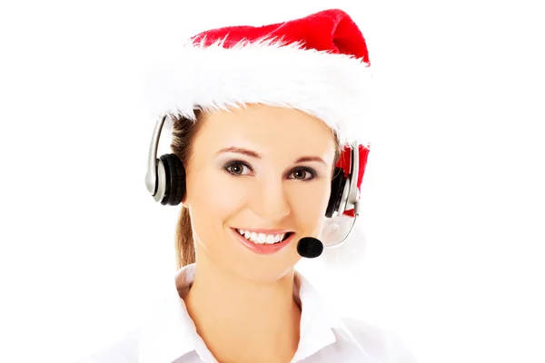 Call center woman with red Christmas hat — Stock Photo, Image