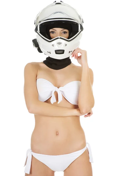 Sexy kobieta z kaski motocyklowe. — Zdjęcie stockowe