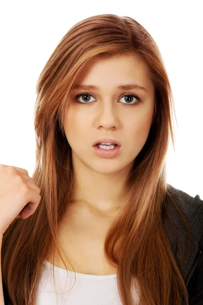 Mulher adolescente muito frustrada com a boca aberta — Fotografia de Stock