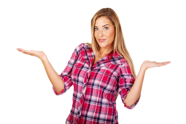 Woman shows something on her hand — Stock Photo, Image