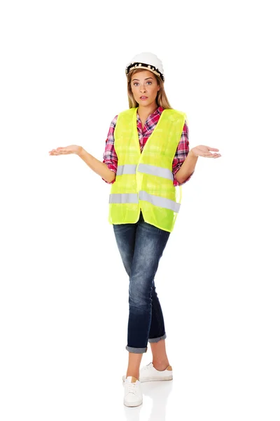 Female builder gesturing dont know — Stock Photo, Image