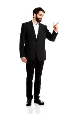 Mutlu işadamı Puan onun parmak.