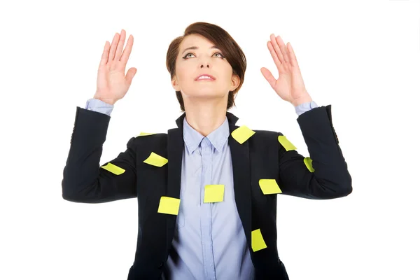 Woman with adhesive cards and hands up. — Stock Photo, Image