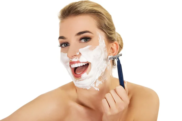 Young woman have morning shave. — Stock Photo, Image