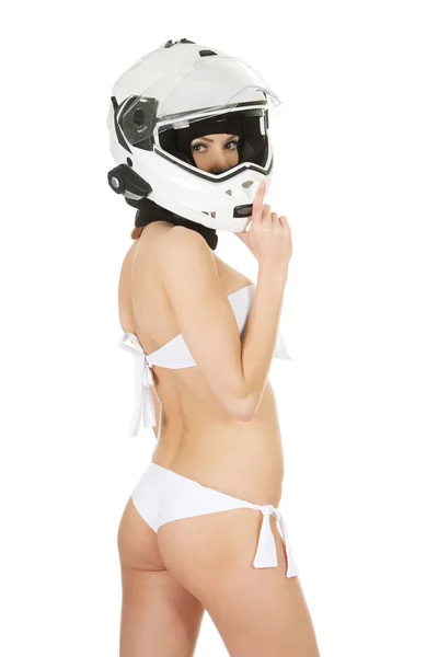 Motosiklet kask ile seksi kadın. — Stok fotoğraf