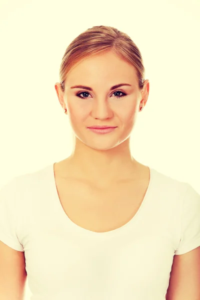 Young smiling blonde woman in white t-shirt — Stock Photo, Image