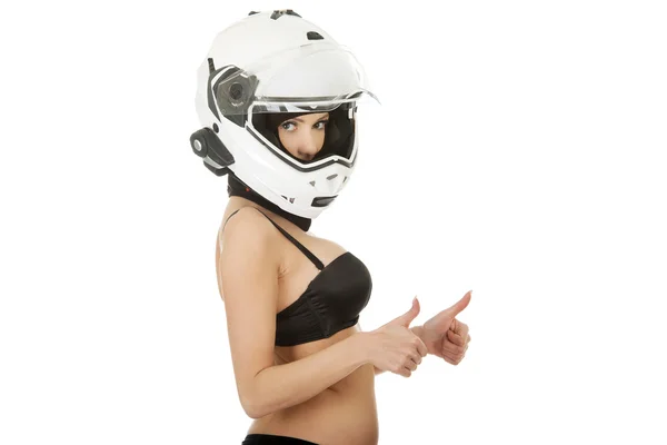 Woman in motorcycle helmet with thumbs up. — Stock Photo, Image