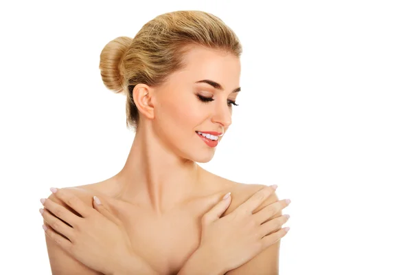Beautiful topless woman covered her breast. — Stock Photo, Image