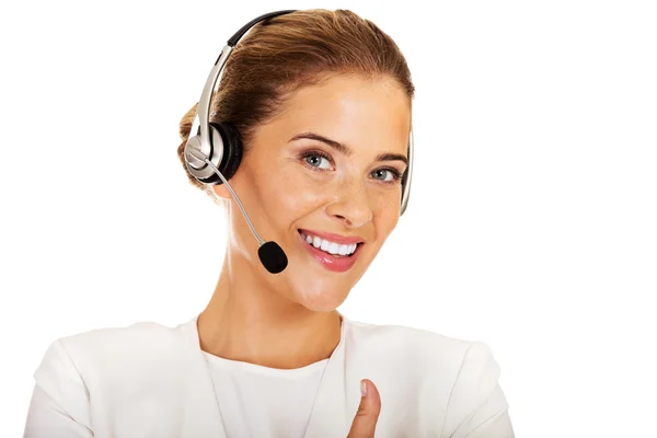 Jovem mulher de negócios sorriso com fones de ouvido — Fotografia de Stock