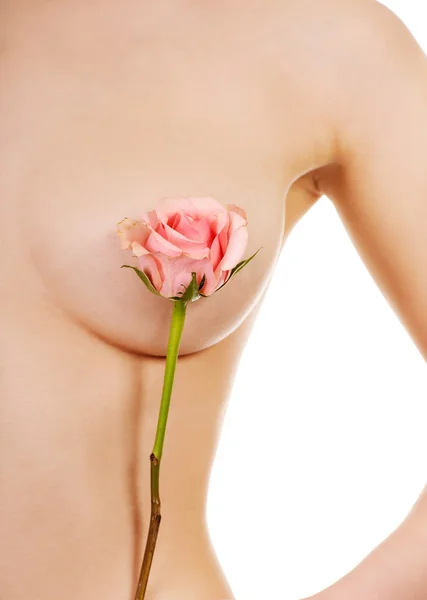 Mujer cubre pecho con flor . —  Fotos de Stock