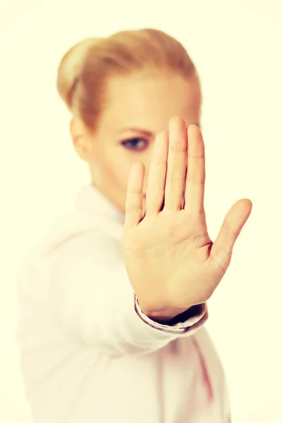 Young business woman shows stop gesture — Stock Photo, Image